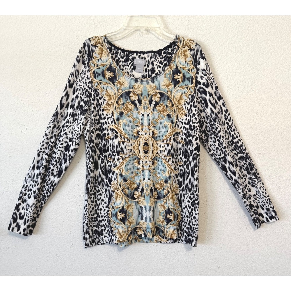 Chicos Womens Top Leopard Floral Print Small‎ Long Sleeve Knit Top Blouse Chic